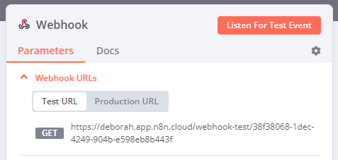 Webhook 节点参数选项卡中的 Webhook URL 示例,显示测试 URL 和生产 URL