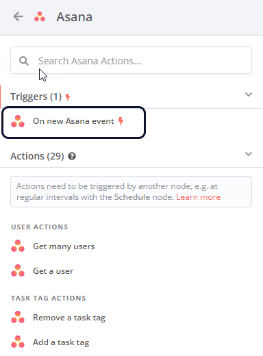 Asana 节点操作列表截图，在列表顶部显示推荐部分